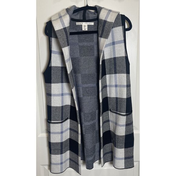 Max Studio‎ Womens Hooded Sleeveless Plaid Vest Black Blue Gray Sm Cozy Layered - Picture 1 of 7